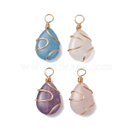 Natural Mixed Stone Copper Wire Wrapped Pendants, Teardrop Charms, Light Gold, Mixed Dyed and Undyed, 25.5~26x13.5~14x6.5~7mm, Hole: 4mm(PALLOY-JF02607)
