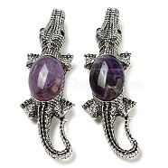 Dual-use Items Alloy Crocodile Brooch, with Natural Amethyst, Antique Silver, 67.5x24x10mm, hole: 4x3.5mm(JEWB-C026-01B-AS)