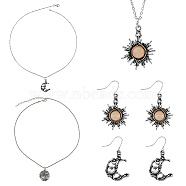 FIBLOOM Alloy Acrylic Acrylic Asymmetrical Earrings & Pendant Necklace with Iron Chains, Moon & Sun & Tree of Life Jewelry Set, Antique Silver, 20.16~20.55 inch(51.5~52.2cm), 46x25mm, 40x21.5mm(SJEW-FI0001-11)