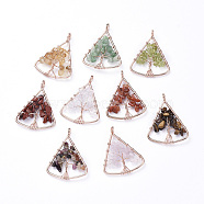 Long-Lasting Plated Brass Pendants, Wire Wrapped Pendants, with Natural Mixed Gemstone Chips, Triangle with Tree, Rose Gold, 39~40x30~31x4~8mm, Hole: 4.5mm(KK-D531-02RG)