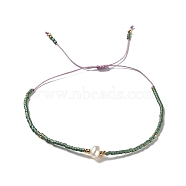 Glass Imitation Pearl & Seed Braided Bead Bracelets, Adjustable Bracelet, Dark Olive Green, 11 inch(28cm)(WO2637-16)