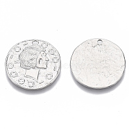 Brass Pendants, Nickel Free, Flat Round with Human Head, Real Platinum Plated, 23.5x1mm, Hole: 1.6mm(KK-R126-026P-NF)