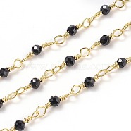 3.28 Feet Natural Black Spinel Handmade Beaded Chains, with Brass Findings, Golden, Unwelded, Round, Faceted, 12x1~1.25mm, Bead: 2.5mm(X-CHC-K008-A01)