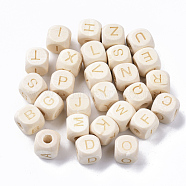 Carved Natural Wood European Beads, Horizontal Hole, Cube with Initial Letter, Blanched Almond, 10x10x10mm, Hole: 4mm(X-WOOD-T026-007)