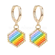 Rainbow Color Japanese Seed Braided Hexagon Dangle Hoop Earrings, Brass Jewelry for Women, Colorful, 32mm, Pin: 1mm(EJEW-MZ00005)