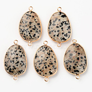 Natural Dalmatian Jasper Links, with Light Gold Plated Edge Brass Loops, Oval, Faceted, 38x22.5x6mm, Hole: 2mm(G-R464-003F)