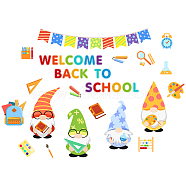 PVC Wall Stickers, for School Wall Decoration, Gnome/Dwarf Pattern & Word WELCOME BACK TO SCHOOL, Colorful, 860x390mm(DIY-WH0228-318)