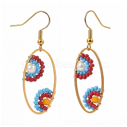 Oval Dangle Earrings, with Glass Seed Beads, Glass Pearl Beads, Brass Linking Rings and Iron Earring Hooks, Golden, Colorful, 47mm, Pin: 0.7mm(EJEW-JE04191-03)