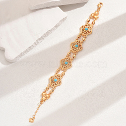 Vintage Brass Glass Hollow Link Bracelets for Women, Real 18K Gold Plated, Flower, 7-1/8 inch(18cm)(QG3110-3)