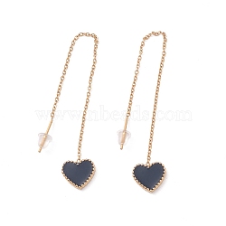 Long Chain with Enamel Heart Dangle Stud Earrings, 304 Stainless Steel Ear Thread for Women, Golden, Black, 101mm, Pin: 1mm(EJEW-A067-01G-A)