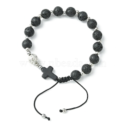 Natural Lava Rock Round & Cross Braided Bead Bracelets, Adjustable Nylon Cord Bracelets for Women, Inner Diameter: 2-1/8~3-1/8  inch(5.5~8cm)(BJEW-TA00321-01)