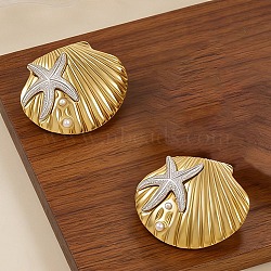 Two Tone 304 Stainless Steel Stud Earrings, with Resin Pearl, Shell Shape with Starfish, Golden & Stainless Steel Color, 28x34.5mm(EJEW-D361-02GP)