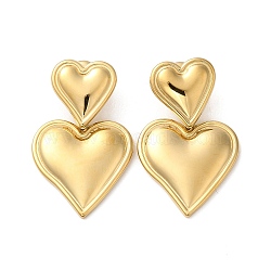 304 Stainless Steel Dangle Stud Earrings, Heart, Real 18K Gold Plated, 33x20mm(EJEW-Z026-03G)