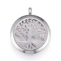 304 Stainless Steel Diffuser Locket Pendants, with Perfume Pad and Magnetic Clasps, Flat Round with Tree, Mixed Color, 36.5~37x30x6.5~7mm, Hole: 5mm(STAS-D157-03)