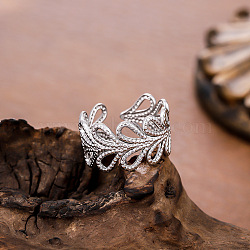 304 Stainless Steel Cuff Open Rings for Women, Leaf, Stainless Steel Color, Inner Diameter: 15~20mm(WGDC143-02)