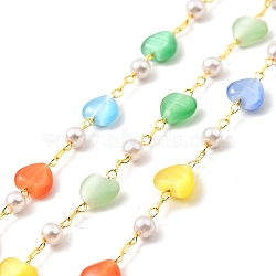 Colorful Cat Eye Heart & Plastic Pearl Beaded Chain, with Brass Findings, Unwelded, with Spool, Lead Free & Cadmium Free, Real 18K Gold Plated, 9x6x3mm, 5x3mm(CHC-G017-10G-1)