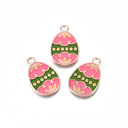 Alloy Enamel Pendants, Light Gold, Cadmium Free & Lead Free, Easter Egg Shape with Flower, Hot Pink, 22x14x1.5mm, Hole: 2mm(ENAM-S115-156)