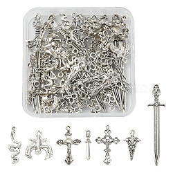 42Pcs 7 Style Gothic Themed Tibetan Style Alloy Pendants Sets, Katana & Crucifix Cross & Snake & Bat, Antique Silver, 18~66.5x5~26x2~6mm, Hole: 1~2mm, 6pcs/style(TIBEP-FS0001-10)