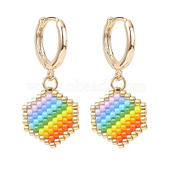 Rainbow Color Japanese Seed Braided Hexagon Dangle Hoop Earrings, Brass Jewelry for Women, Colorful, 32mm, Pin: 1mm(EJEW-MZ00005)