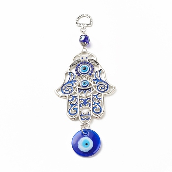 Glass Turkish Blue Evil Eye Pendant Decoration, with Alloy Hamsa Hand/Hand of Miriam Design Charm, for Home Wall Hanging Amulet Ornament, Antique Silver, 180mm, Hole: 13.5x10mm