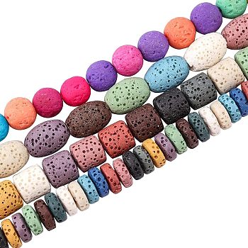 4 Strands 4 Style Natural Lava Rock Beads Strands, Dyed, Flat Round & Round & Column & Rice, Colorful, 8~12.5x8~9mm, Hole: 1~2mm, 1strand/style