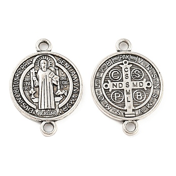 Tibetan Style Alloy Connector Charms, Cadmium Free & Lead Free, Religion Flat Round Links with Cross, Antique Silver, 29x21x2mm, Hole: 2.2mm