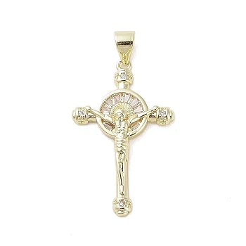 Real 18K Gold Plated Brass Micro Pave Cubic Zirconia Pendants, Cross with Jesus, Clear, 28x17.5x3mm, Hole: 3.6x4.3mm