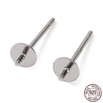 Rhodium Plated 925 Sterling Silver Stud Earring Findings, Flat Pad, for Half Drilled Bead, with S925 Stamp, Real Platinum Plated, 12.5x4mm, Pin: 0.7mm