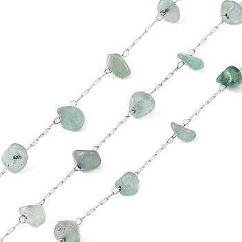 Handmade Natural Green Aventurine Chip Beads Chain, with 304 Stainless Steel Paperclip Chains, Soldered, with Spool, Stainless Steel Color, 5.5~10x2.5~5x2~3mm