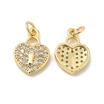 Brass Micro Pave Clear Cubic Zirconia Pendants, with Jump Ring, Heart Lock Charm, Real 18K Gold Plated, 16x11x2.5mm, Hole: 3.5mm