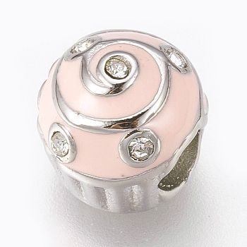 304 Stainless Steel European Beads, Large Hole Beads, with Enamel and Rhinestone, Cake, Misty Rose, Stainless Steel Color, 10x9.5mm, Hole: 4mm