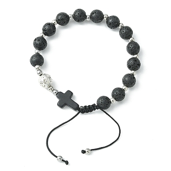 Natural Lava Rock Round & Cross Braided Bead Bracelets, Adjustable Nylon Cord Bracelets for Women, Inner Diameter: 2-1/8~3-1/8  inch(5.5~8cm)