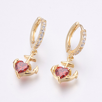 Brass Micro Pave Cubic Zirconia Dangle Hoop Earrings, with Glass Rhinestone, Anchor with Heart, Golden, 30mm, Pin: 1mm