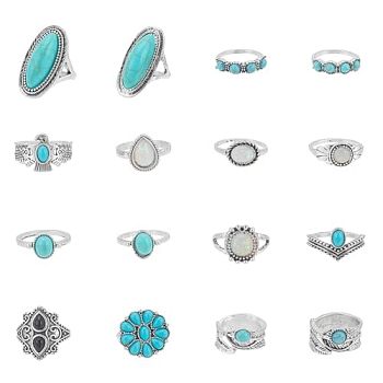 16Pcs 16 Style Flower & Oval & Eagle & Teardrop & Feather Synthetic Turquoise Finger Rings Set, Alloy Stackable Rings for Women, Antique Silver, Inner Diameter: 14.5~18mm, 1Pc/style