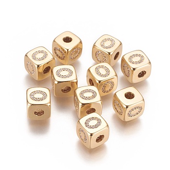 Brass Micro Pave Cubic Zirconia Beads, Horizontal Hole, Real 18K Gold Plated, Long-Lasting Plated, Cube with Letter, Clear, Letter.O, 9x9x9mm, Hole: 3.5mm