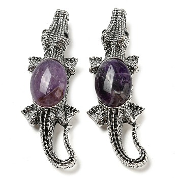 Dual-use Items Alloy Crocodile Brooch, with Natural Amethyst, Antique Silver, 67.5x24x10mm, hole: 4x3.5mm