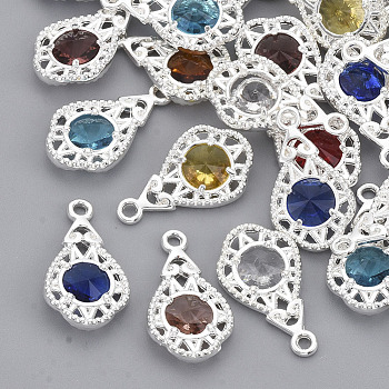 Faceted Glass Pendants, with Eco-Friendly Alloy Open Back Settings, Nickel Free, Teardrop, Mixed Color, Silver, 19.5x11x3.5mm, Hole: 1.6mm