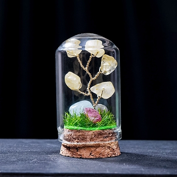 Natural Topaz Jade Display Decorations, Miniature Plants, with Glass Cloche Bell Jar Terrarium and Cork Base, Tree, 30x57mm