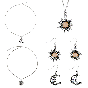 FIBLOOM Alloy Acrylic Acrylic Asymmetrical Earrings & Pendant Necklace with Iron Chains, Moon & Sun & Tree of Life Jewelry Set, Antique Silver, 20.16~20.55 inch(51.5~52.2cm), 46x25mm, 40x21.5mm