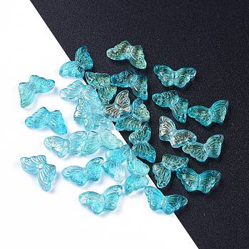 Electroplate Transparent Glass Beads, with Glitter Powder, Butterfly, Cyan, 14.5x8x3.5mm, Hole: 0.8mm
