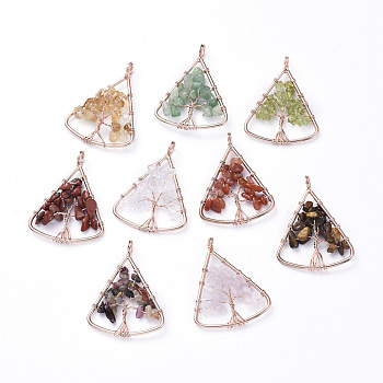 Long-Lasting Plated Brass Pendants, Wire Wrapped Pendants, with Natural Mixed Gemstone Chips, Triangle with Tree, Rose Gold, 39~40x30~31x4~8mm, Hole: 4.5mm