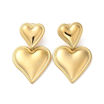 304 Stainless Steel Dangle Stud Earrings, Heart, Real 18K Gold Plated, 33x20mm