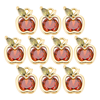10Pcs Cubic Zirconia Charms, Real 18K Gold Plated, with Brass Findings, Apple, Red, Red, 9.5x7.5x4mm, Hole: 1mm