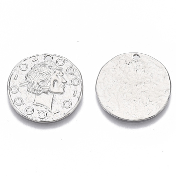 Brass Pendants, Nickel Free, Flat Round with Human Head, Real Platinum Plated, 23.5x1mm, Hole: 1.6mm