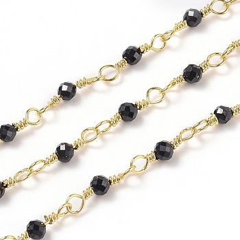 3.28 Feet Natural Black Spinel Handmade Beaded Chains, with Brass Findings, Golden, Unwelded, Round, Faceted, 12x1~1.25mm, Bead: 2.5mm