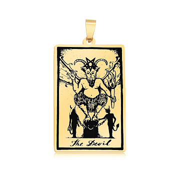 201 Stainless Steel Pendants, Laser Engraved Pattern, Tarot Card Pendants, Golden, The Devil  XV, 40x24x1mm, Hole: 8x4mm