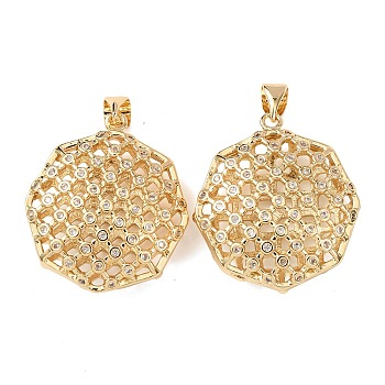 Brass Micro Pave Clear Cubic Zirconia Pendants, Long-Lasting Plated, Hollow Flat Round Charms, Real 18K Gold Plated, 25.5x23x8.5mm, Hole: 4x3.5mm