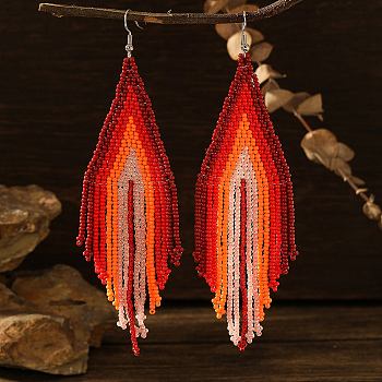 Bohemian Style Handmade Glass Bead Dangle Earrings, Platinum, Red, 135x35mm