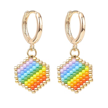 Rainbow Color Japanese Seed Braided Hexagon Dangle Hoop Earrings, Brass Jewelry for Women, Colorful, 32mm, Pin: 1mm