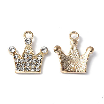Alloy Crystal Rhinestone Pendants, Crown Charms, Cadmium Free & Lead Free, Light Gold, 17x15.5x2.5mm, Hole: 2mm